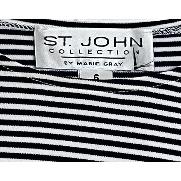 St. John Collection Marie Gray White Black Striped Short Sleeve Blouse Top - Picture 4 of 5